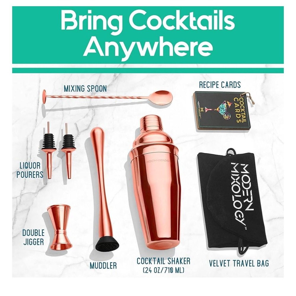 Bartender Kit Copper‎ 8 PC - Cocktail Mixology Set with Shaker Muddler Pourers